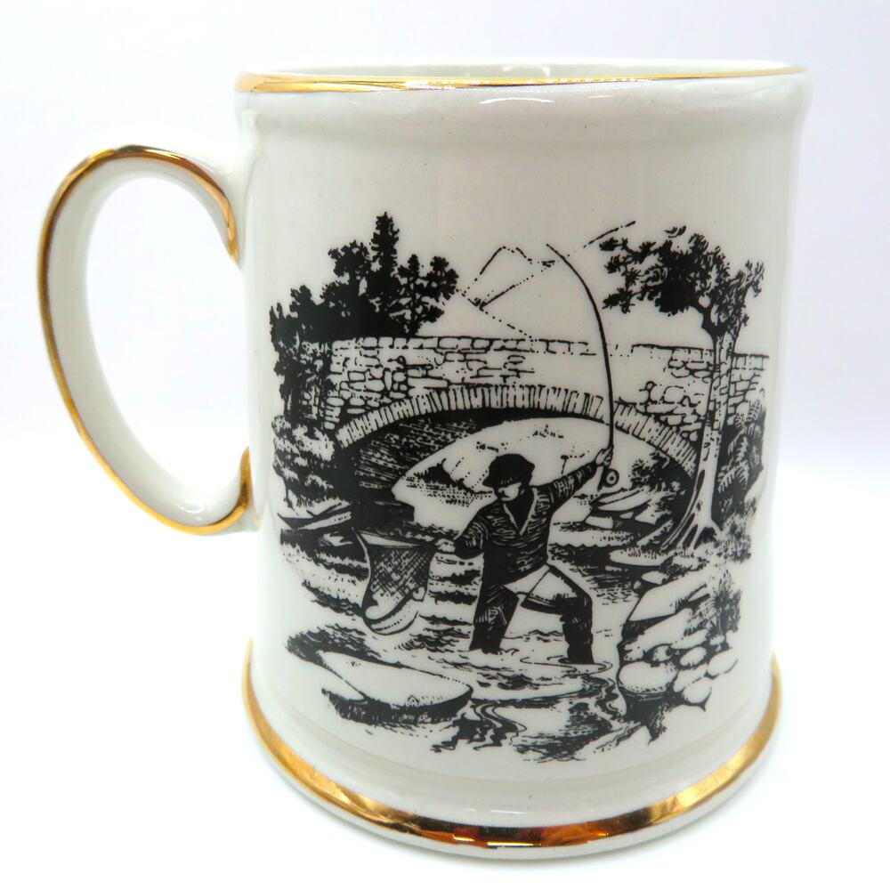 James Kent Ltd Old Foley Mug Fisherman Scene Black Transferware Gold Trim